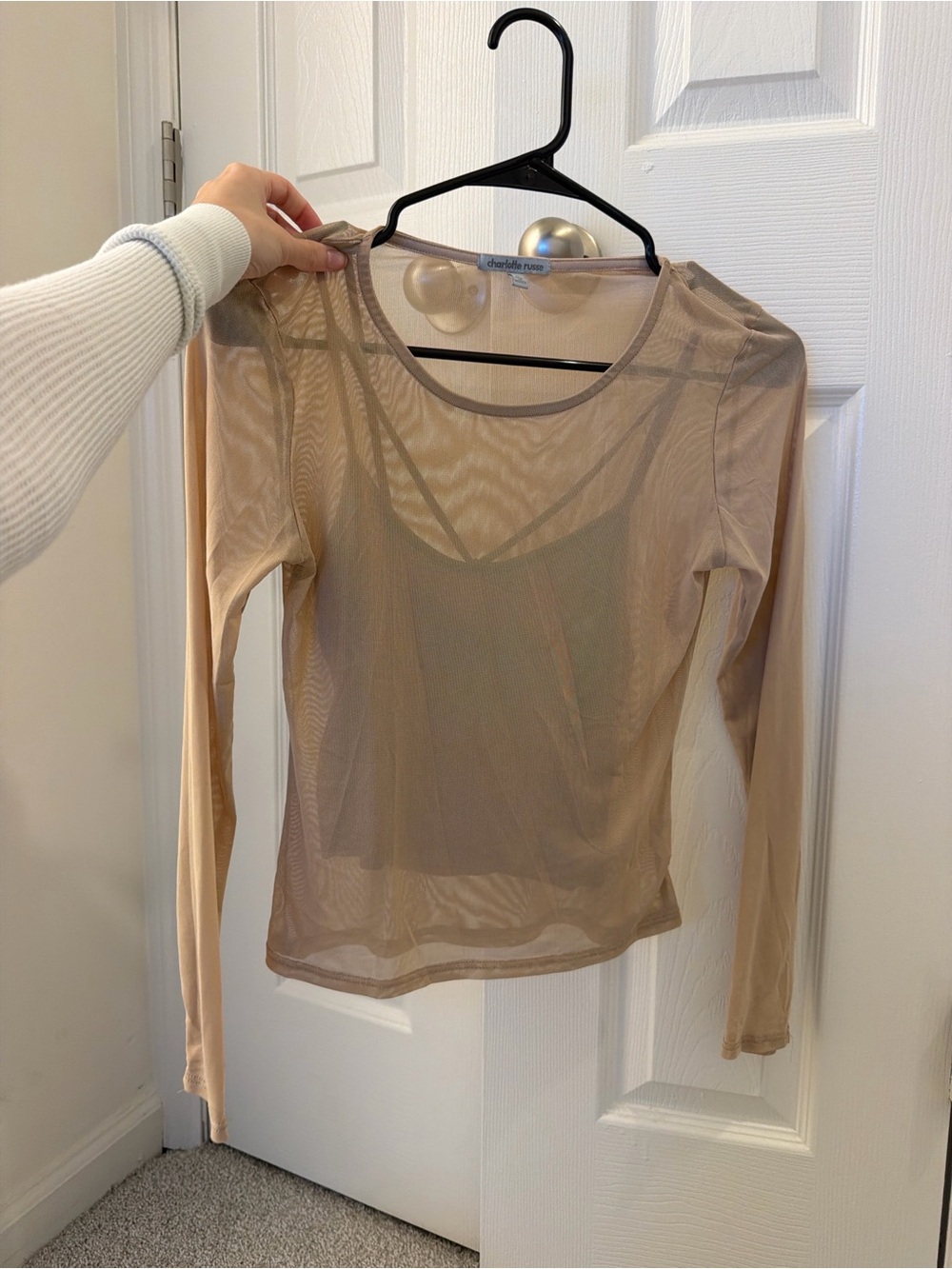 Charlotte Russe Beige Sheer Long-Sleeve Mesh Top